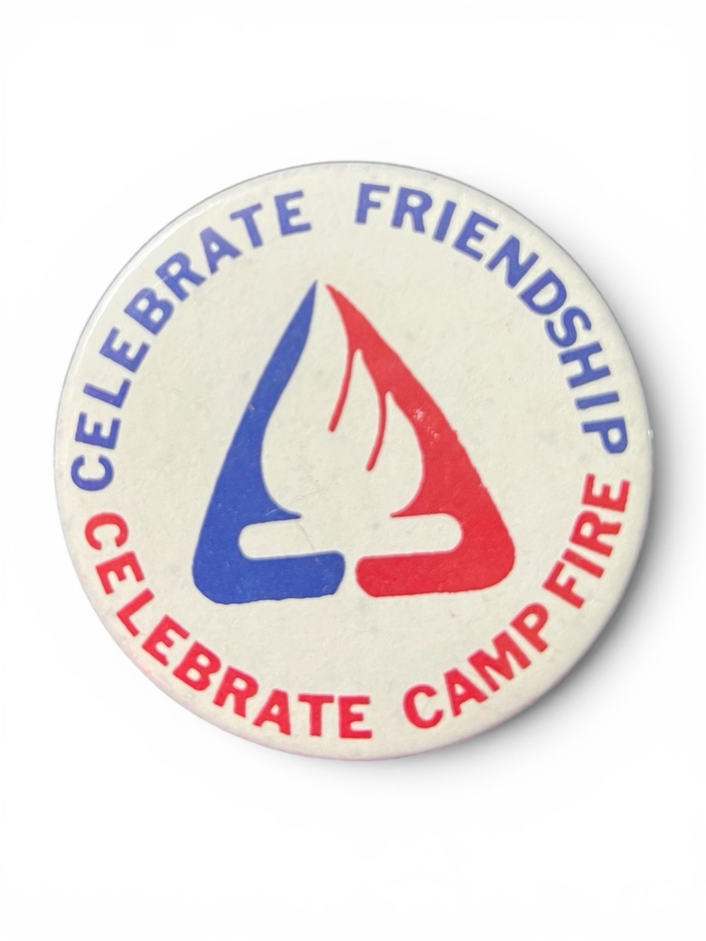 Celebrate Friendship Campfire Button Pin - Blue & Red